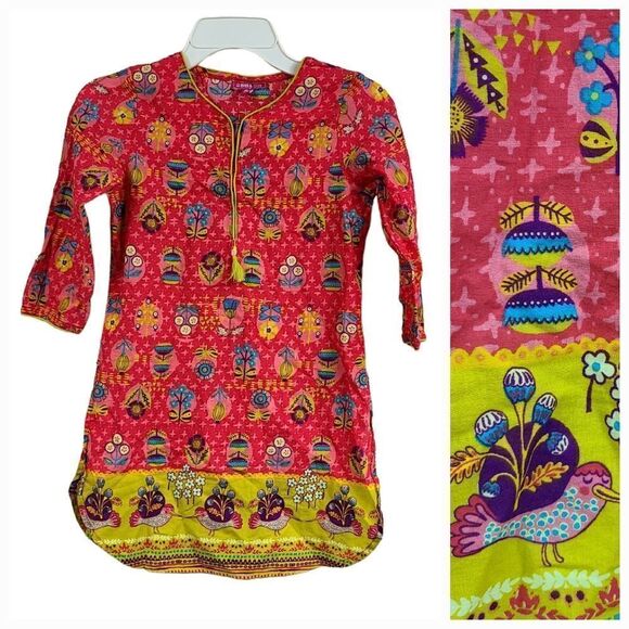 BIBA Girls Pink Bird Floral Cotton Straight Printed Kurta Indian Tunic Spring - Picture 1 of 10